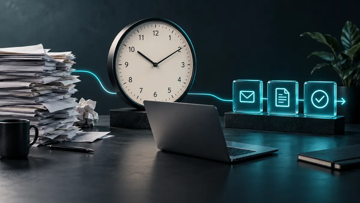 Une horloge murale entre une pile de documents papier et trois icônes d’automatisation reliées par un fil lumineux