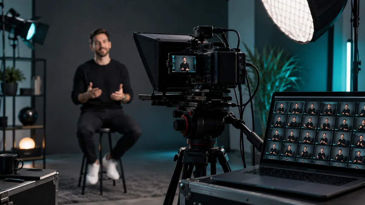 Une caméra de studio filme un intervenant pendant qu’un ordinateur affiche une grille de miniatures issues du même tournage