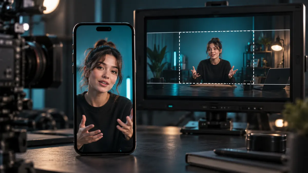 Un smartphone posé devant un moniteur de tournage : le même plan y est cadré en vertical d’un côté, en paysage de l’autre